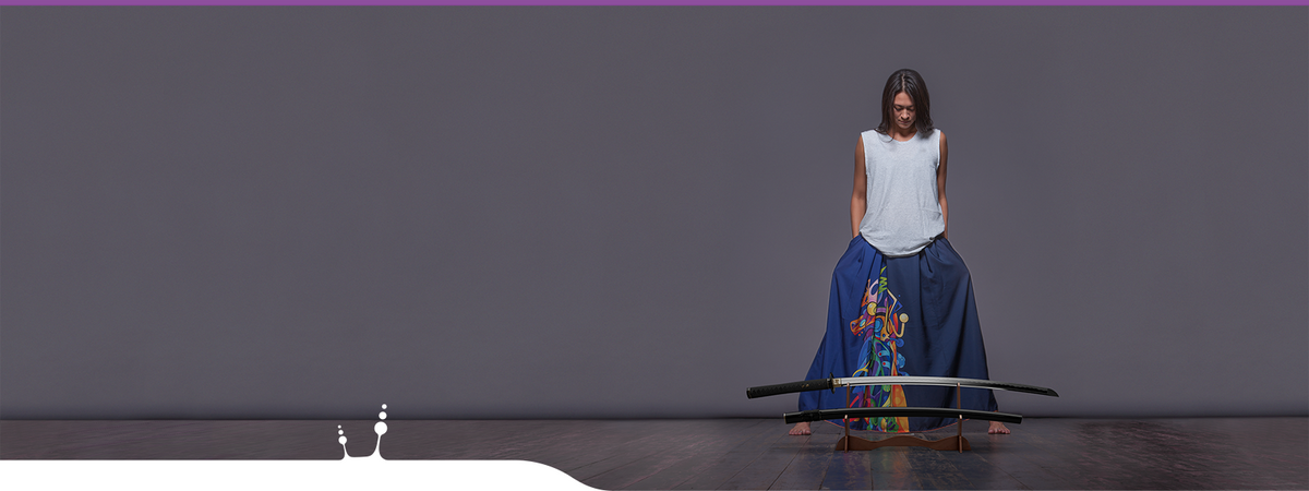 Unique design Long Dark Blue cotton skirt "Samurai Girl" with abstract colorful print. Girl with a katana sword.